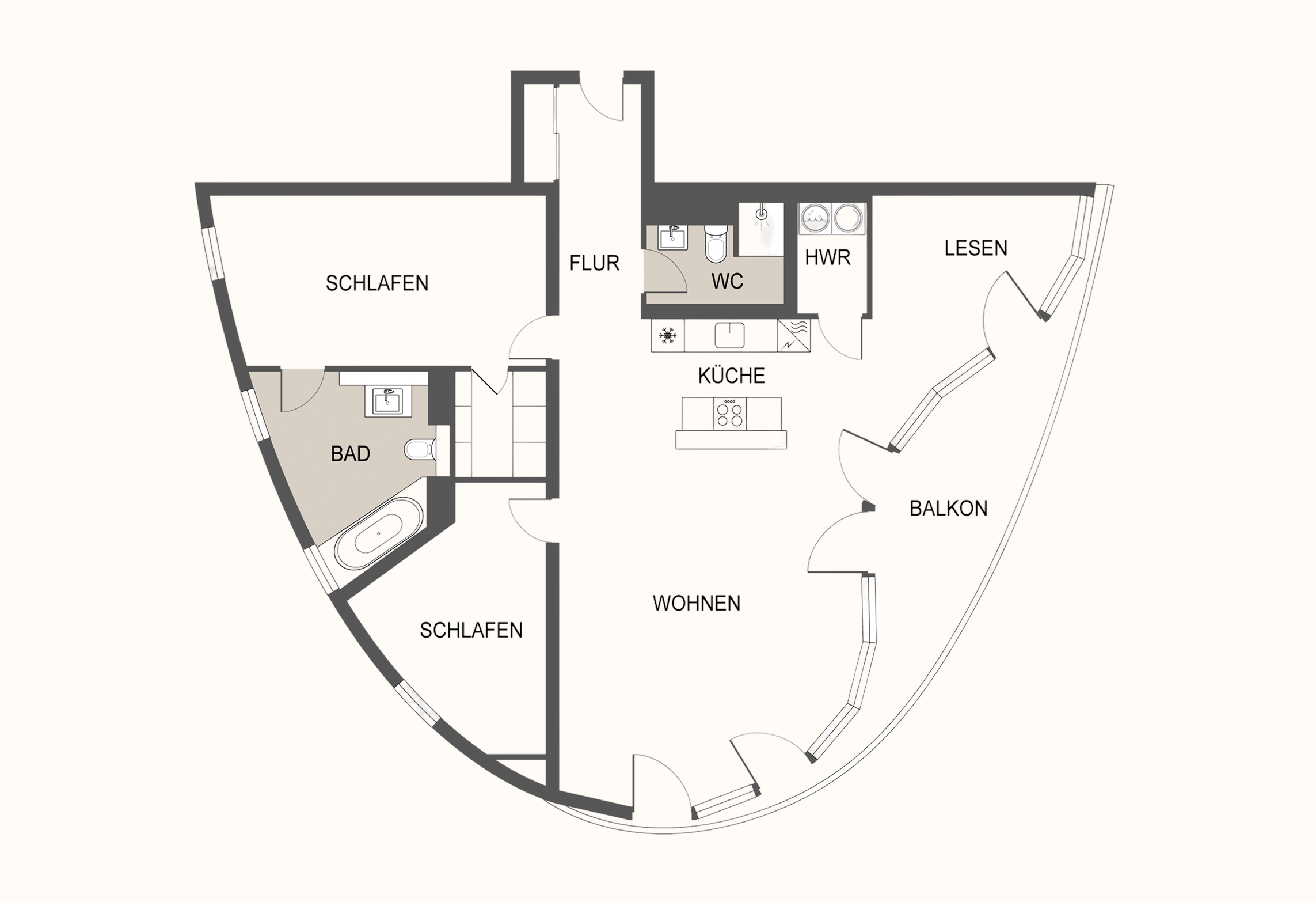 Grundriss der Wohnung am Kaiserkai 12 mit elliptischem Zuschnitt