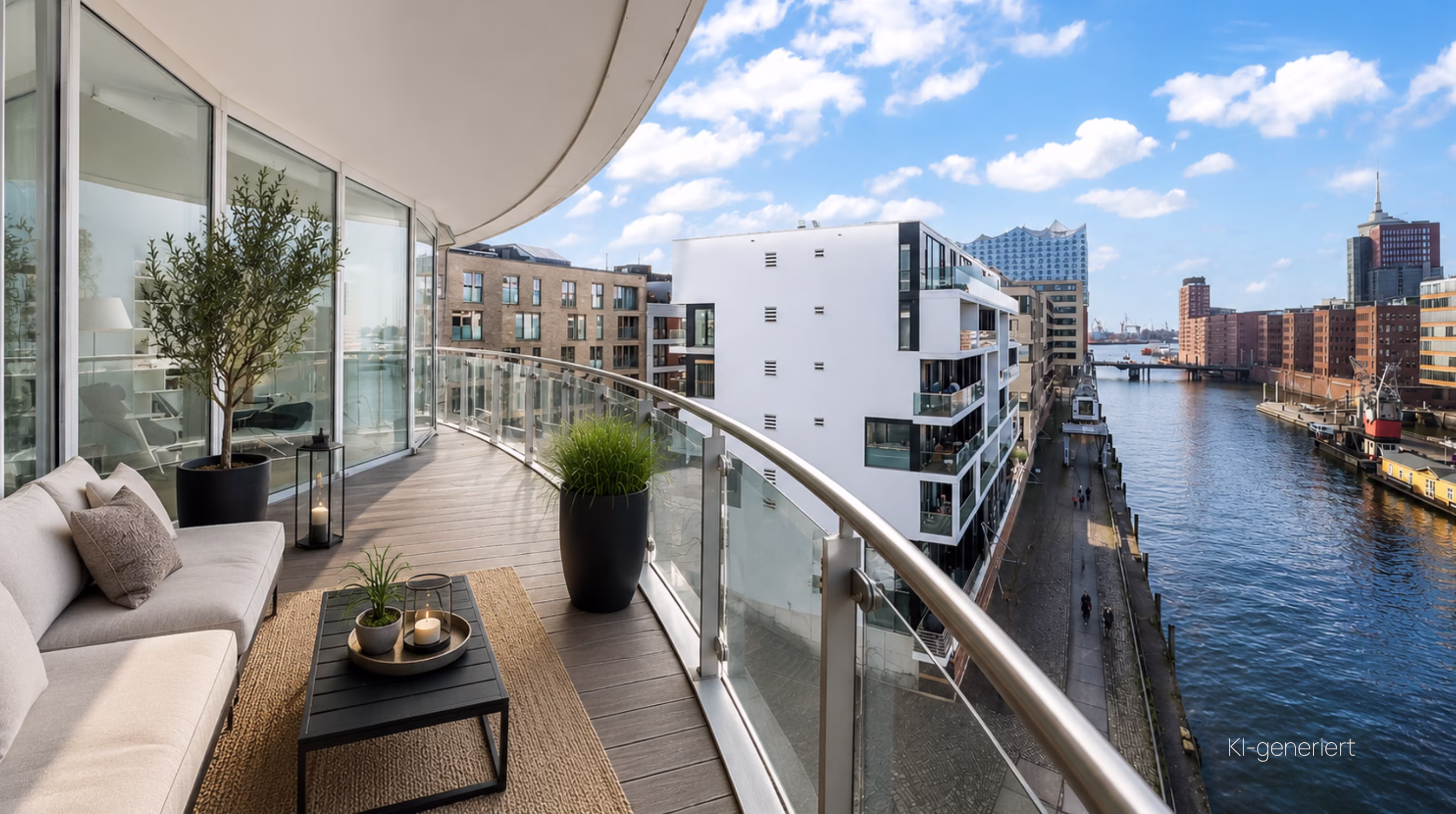 Umlaufender Balkon mit freiem Blick über die Wasserflächen der HafenCity