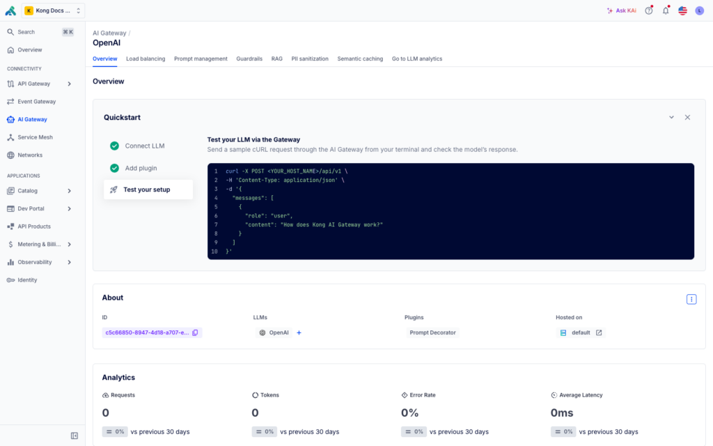 A screenshot of the Kong AI Gateway LLM connection screen.