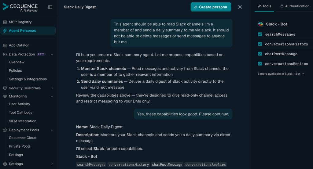 A screenshot of Cequence AI Gateway showing how to create an Agent Persona using plain English.
