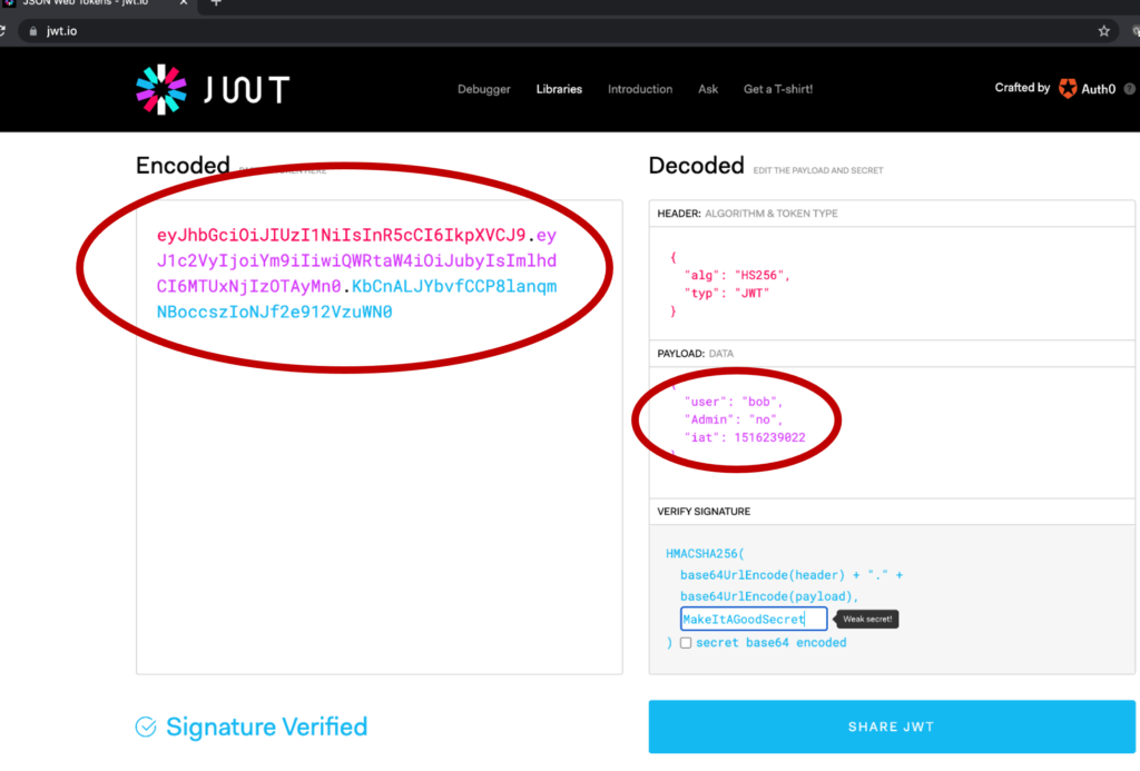 Decoded JSON Web Token example illustrating JSON Web Token security risks in an API request.