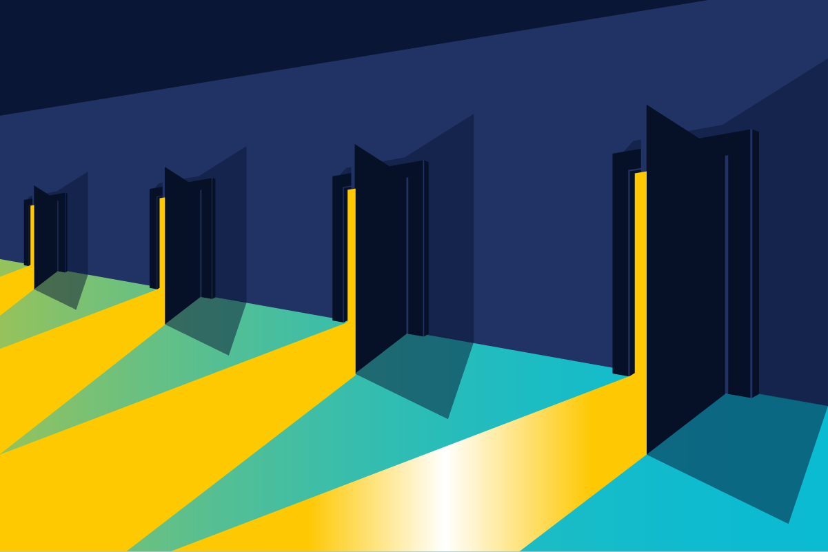A line of open doors letting light in, representing how to block API attacks the right way.
