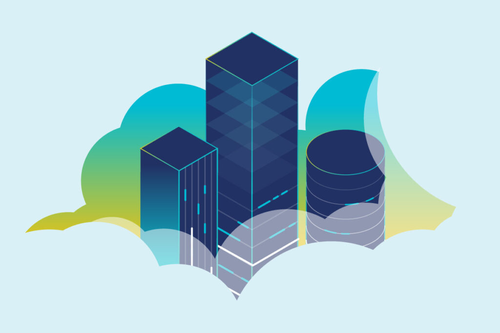 A city scape in the clouds made from servers representing API protection and security
