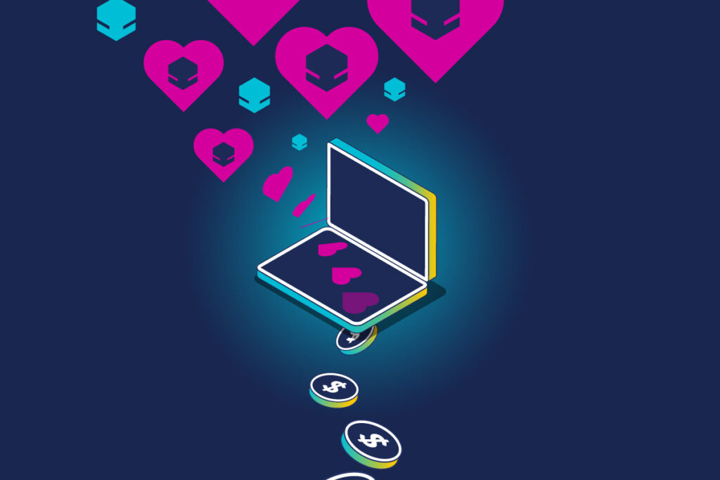 Bots in hearts and a laptop with money funneling out of the laptop representing bot management and romance scams in dating apps