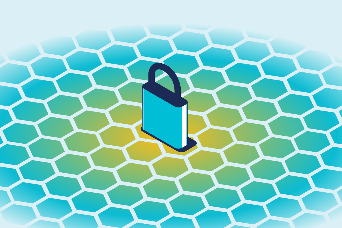 A stylized lock on a gradient honeycomb background representing API discovery