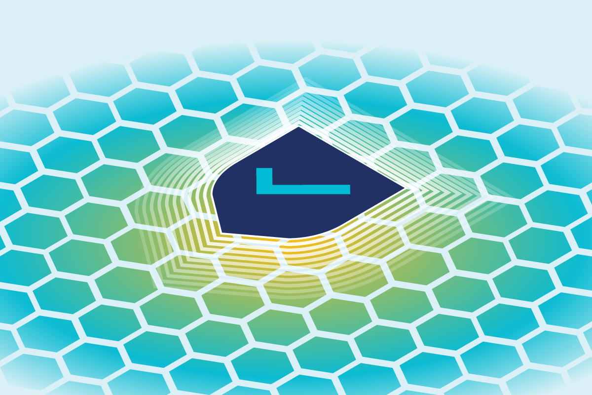 A stylized shield with a checkmark on it laid onto a honeycomb background with concentric gradients from yellow to green to blue representing application and API attack protection