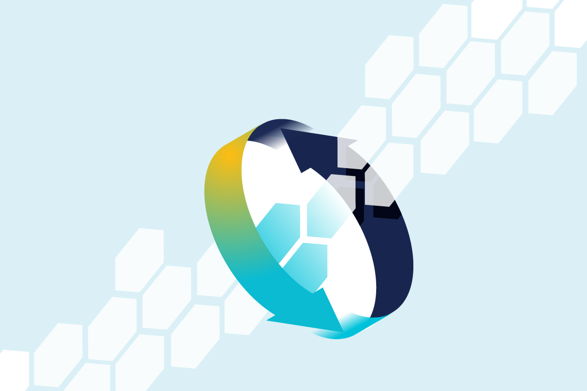 Two stylized arrows chasing each other with a honeycomb design going through them representing API security testing