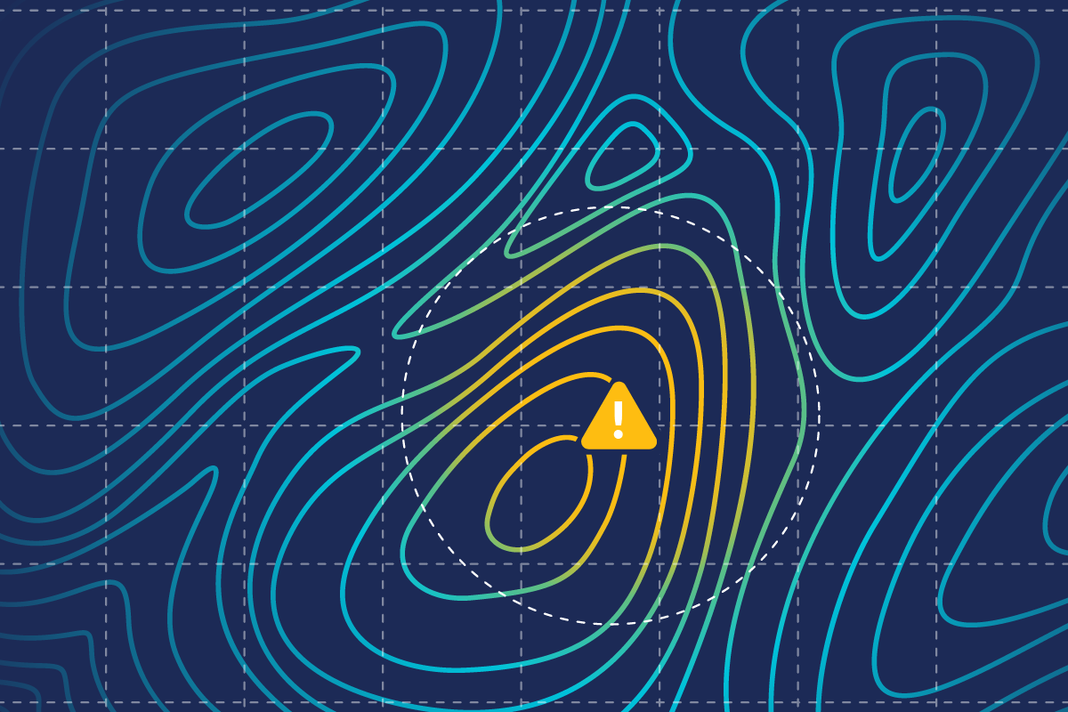 A stylized topographical map with a warning sign at the peak representing attack detection and threat hunting