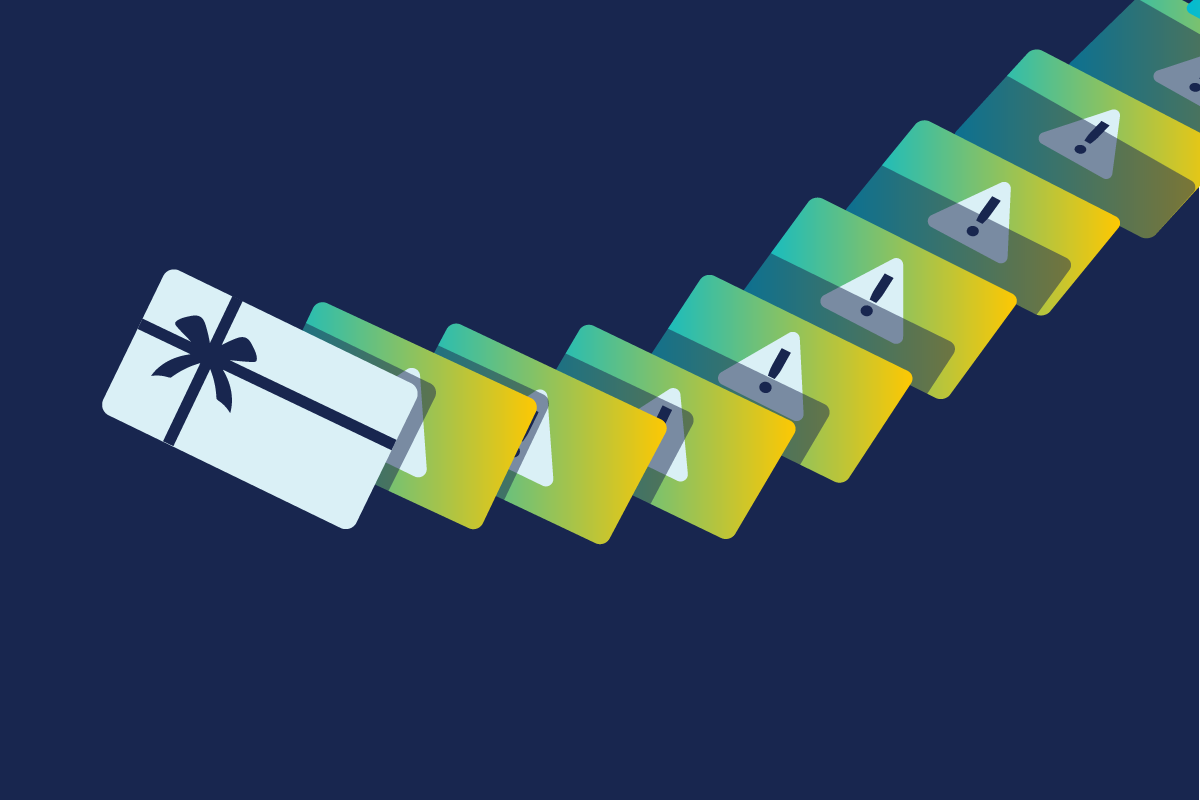 A stylized image of a card with a bow on it and copies of that card with a warning sign on them going off into the distance representing gift card and loyalty program abuse