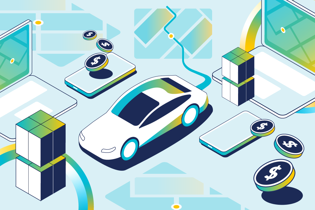 Stylized image of a phone, coins, and an electric car charging representing GenAI