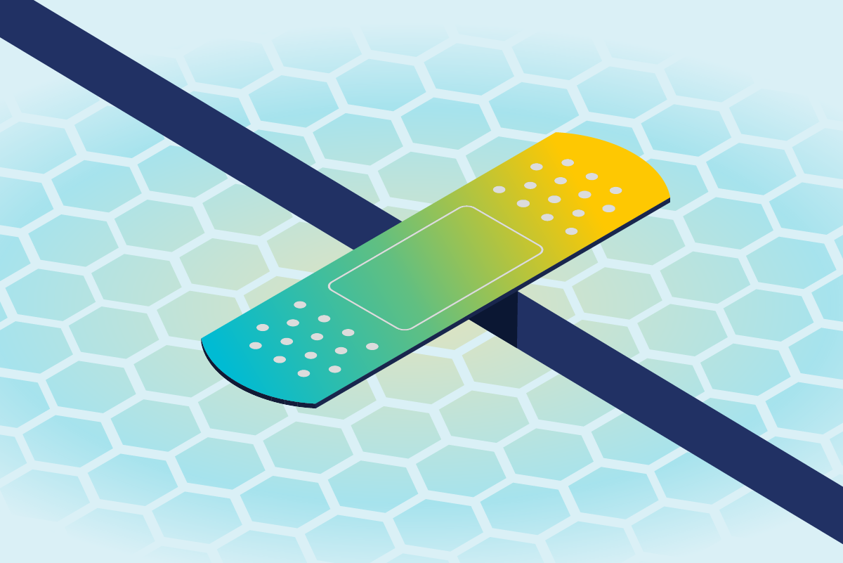 Stylized image of a bandage patching a separation between two panels representing virtual patching
