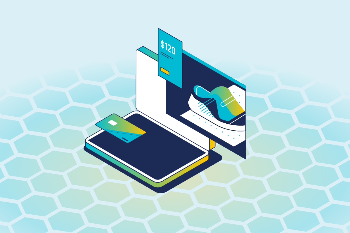 A stylized picture of a laptop with a sneaker on it and a credit card implying a purchase representing a flash sale sneaker drop