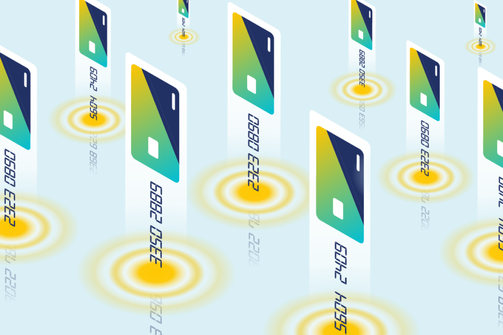 A stylized image of credit cards leaking their credit card numbers representing carding attacks