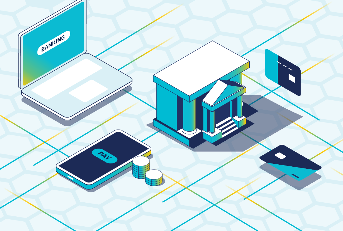 An open banking stylized graphic depicting a laptop, a phone, a building, and 2 credit cards.
