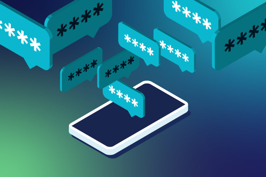 SMS pumping fraud stylized graphic of a cellphone with text bubbles.