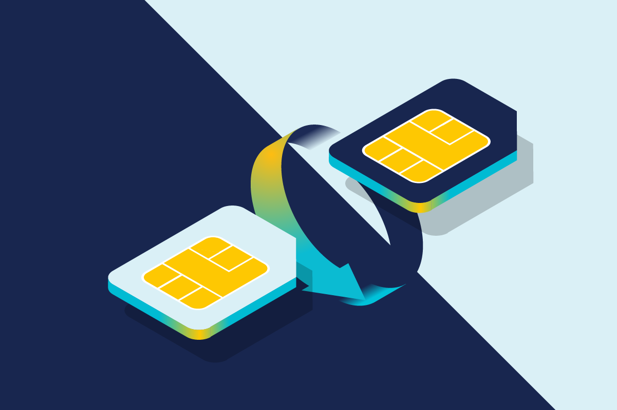 A stylized pair of sim cards with a circular arrow between them on a dark blue and light blue background, bisected diagonally representing SIM swapping