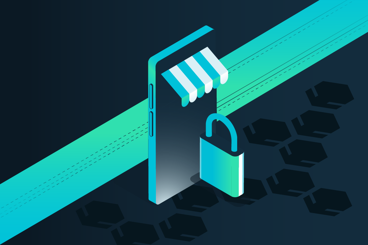 A stylized image of a phone with a retail store-type awning with a lock in front of it and bots below it representing effective Bot Management and E-Commerce Security