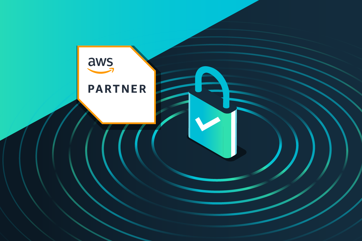 A stylized lock with a checkmark on it, surrounded by concentric circles with an AWS partner logo representing Cequence's AWS security competency achievement
