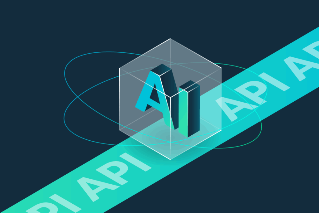 A clear box with 3D letters “AI” inside, with a ribbon underneath with “API” repeating across the ribbon representing Agentic AI