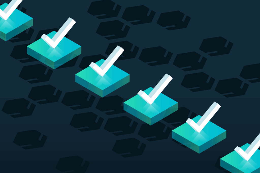 An image of bots in the background with squares with checkmarks on them representing a list of automated bot prevention solutions that Cequence offers