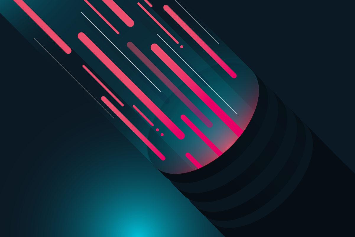 A stylized pipe representing internet traffic with lots of bad traffic, represented by red lines, going through it.