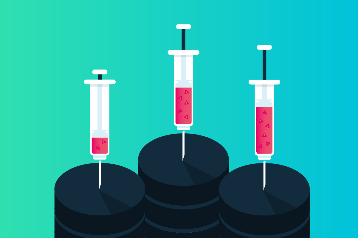 A stylized image of 3 databases being injected by syringes