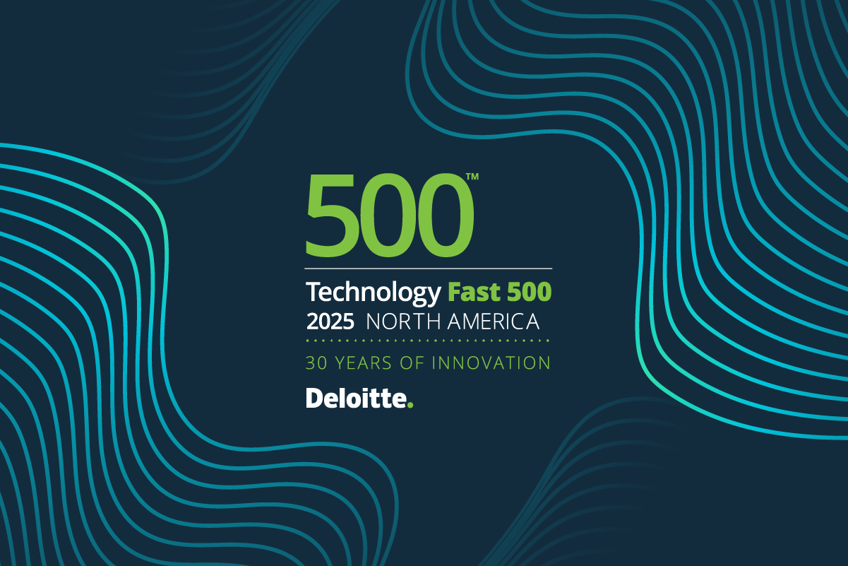 A stylized image with the words “500 Technology Fast 500 2025 NORTH AMERICA 30 YEARS OF INNOVATION Deloitte.” surrounded by wavy lines.