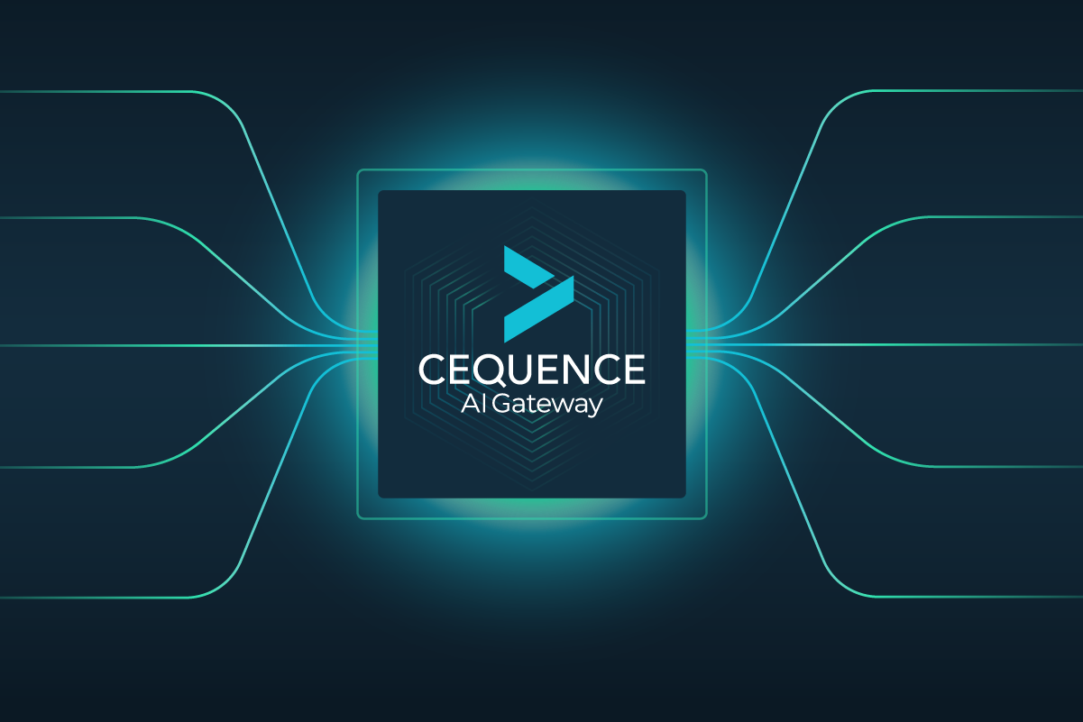 The Cequence AI Gateway logo in a box surrounded by lines representing connections to applications on a dark teal background.