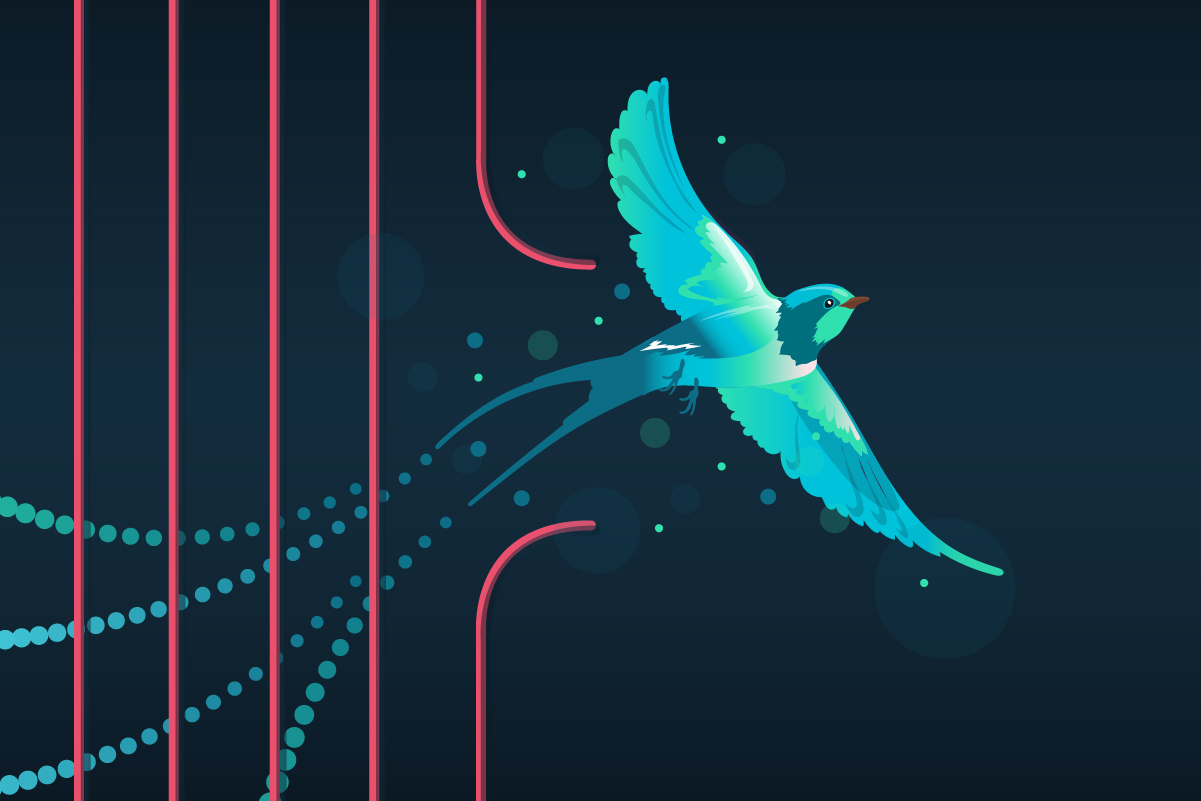 A stylized image of a swallow (bird) breaking free from a cage.