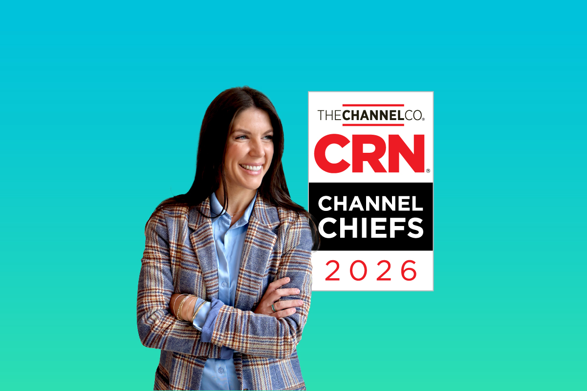 A photo of Cequence’s Sydney Weber next to the CRN Channel Chiefs logo on a teal background.