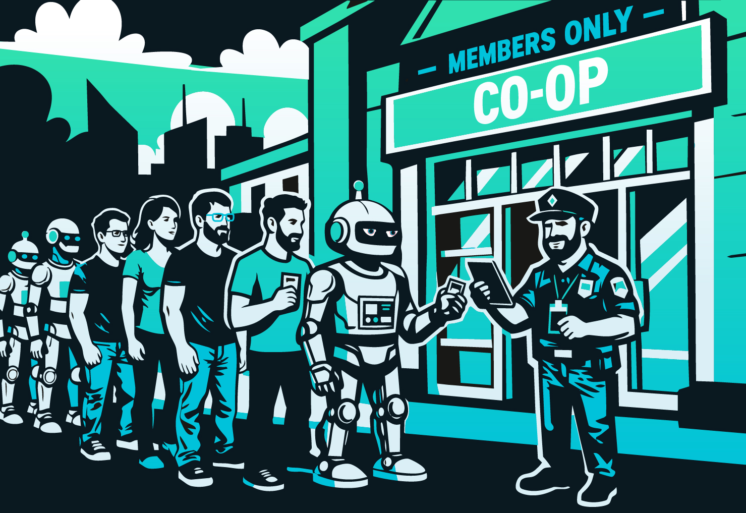 a cartoon image of a members-only retail storefront with someone checking credentials and a line of people and robot shopping assistant masquerading as human.