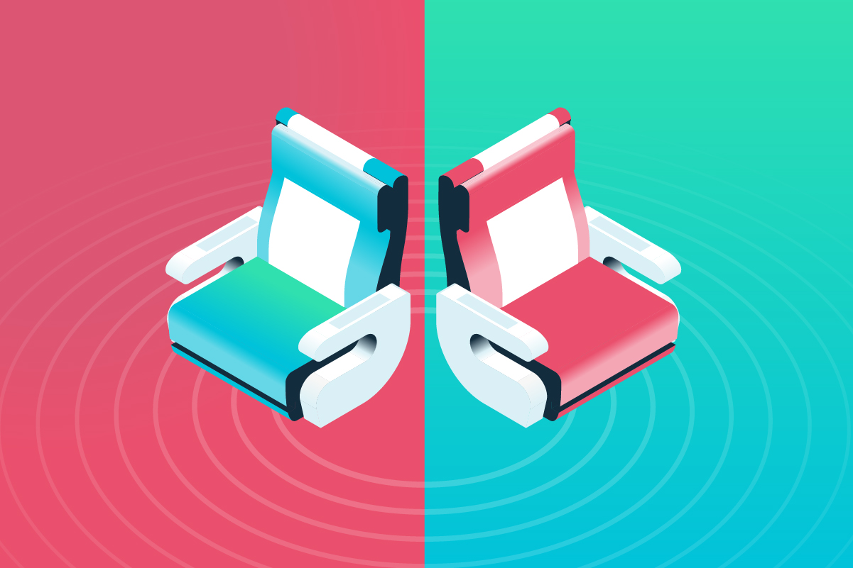 A stylized image of two airline seats spinning to represent airline seat spinning fraud