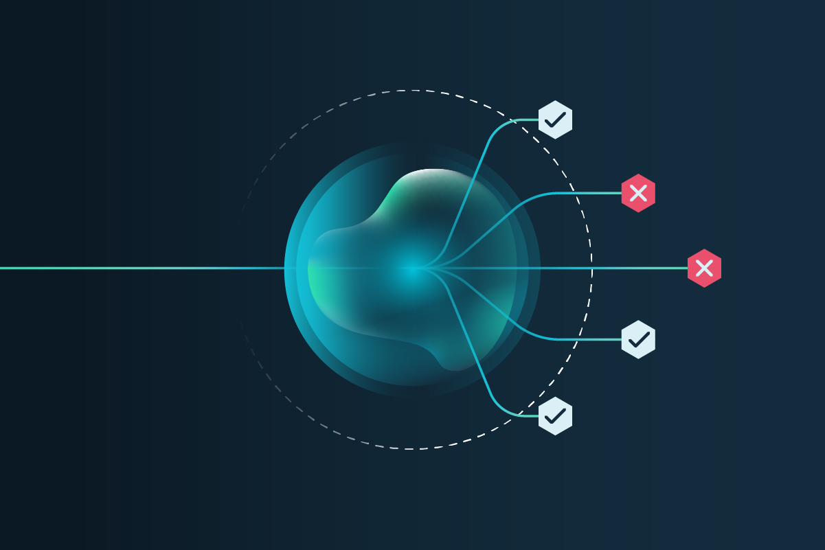A stylized image of an AI agent able to access some tools but not others.