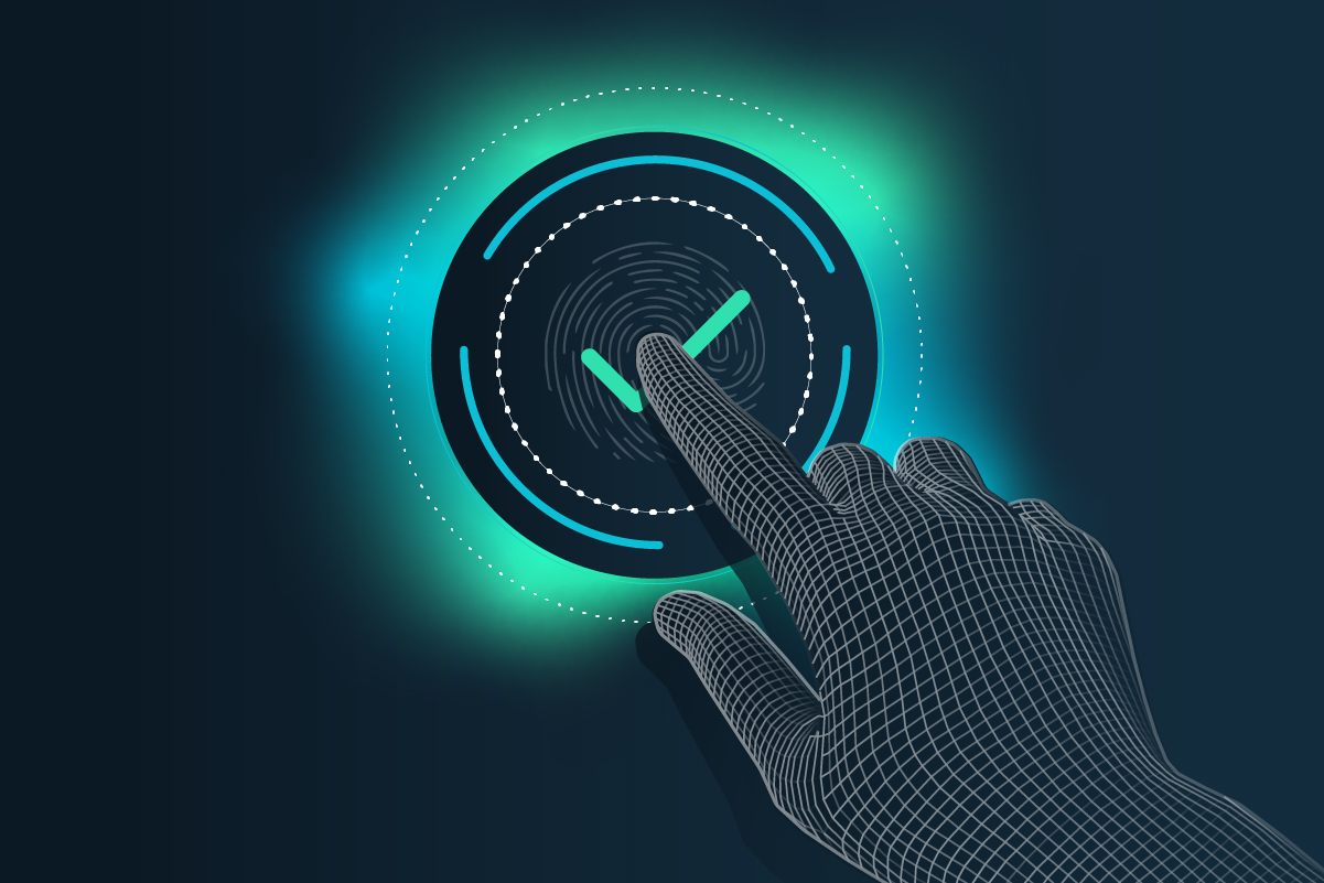 A stylized image of a person putting their finger on a button with fingerprint and checkmark on it.