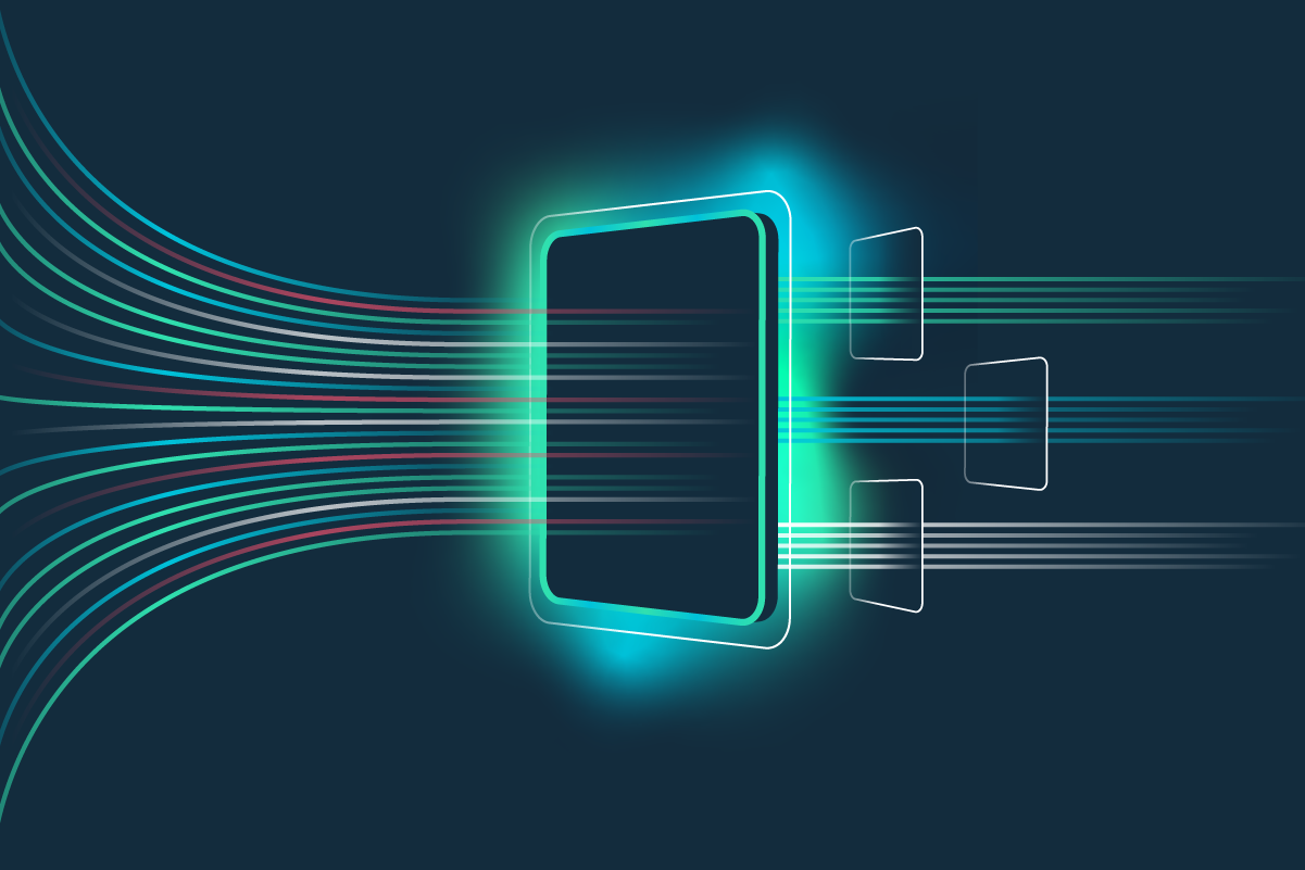 A stylized image with multicolored lines representing data going through various squares representing gateways.