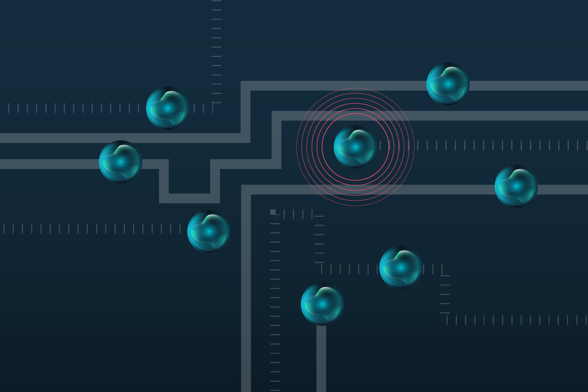 Several spheres representing AI agents chart different paths while one radiates red concentric circles representing behavior.