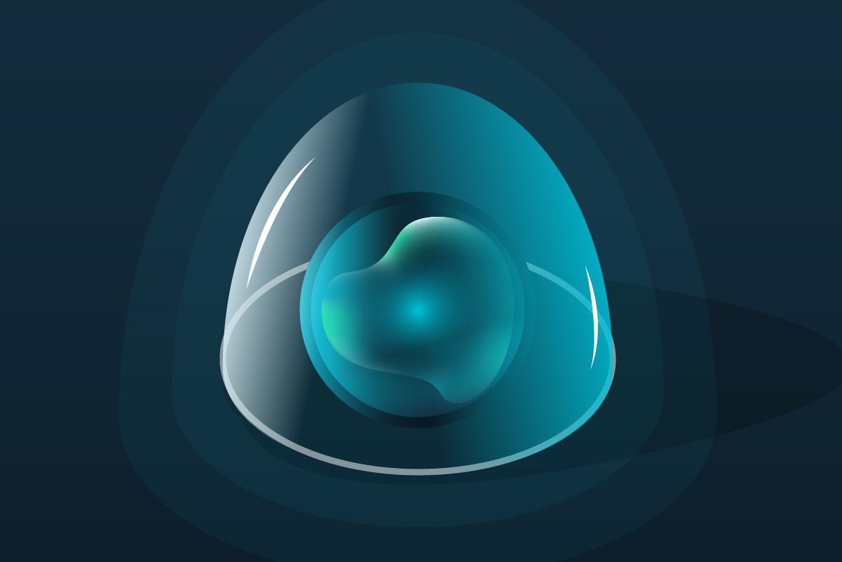 A stylized image of an AI agent contained in a glass dome.