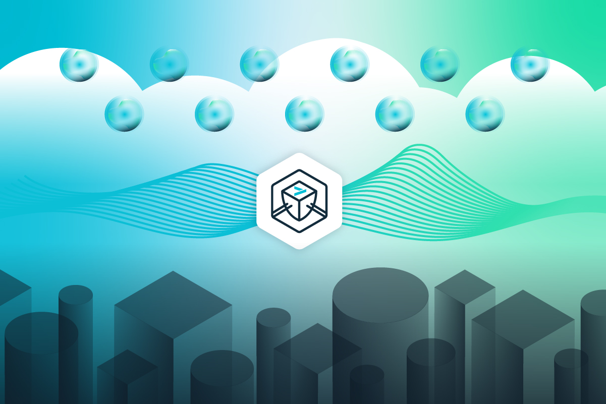 A stylized graphic of agents in the cloud and a cityscape beneath with an AI Gateway governance layer in between.