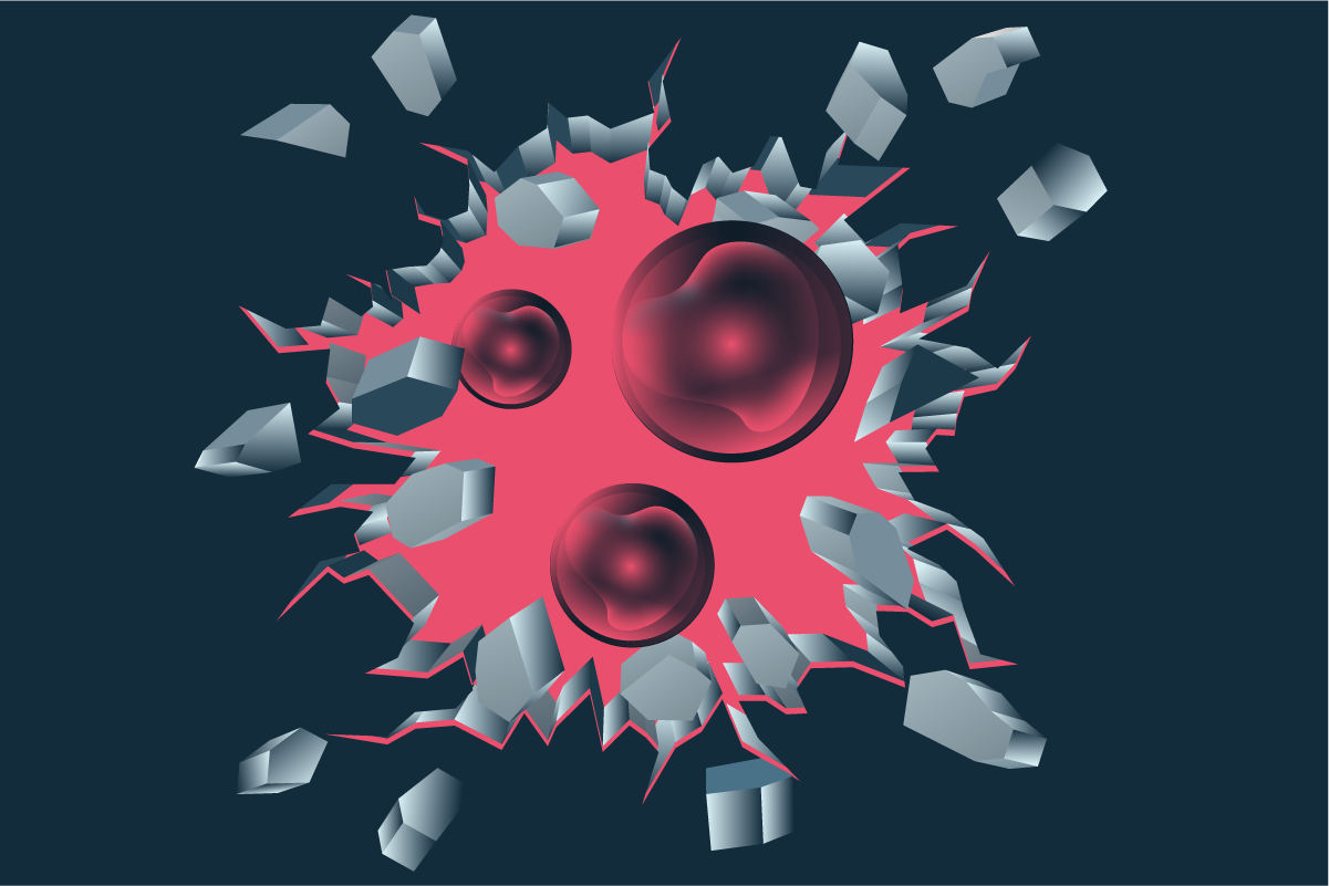 An illustration of balls representing AI agents breaking through a wall, representing containment.