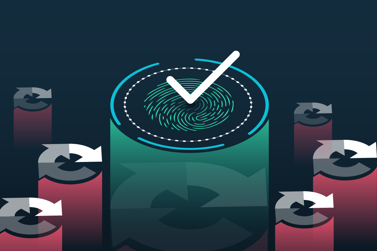 An illustration of a fingerprint with a check on it surrounded by failed CAPTCHA symbols.