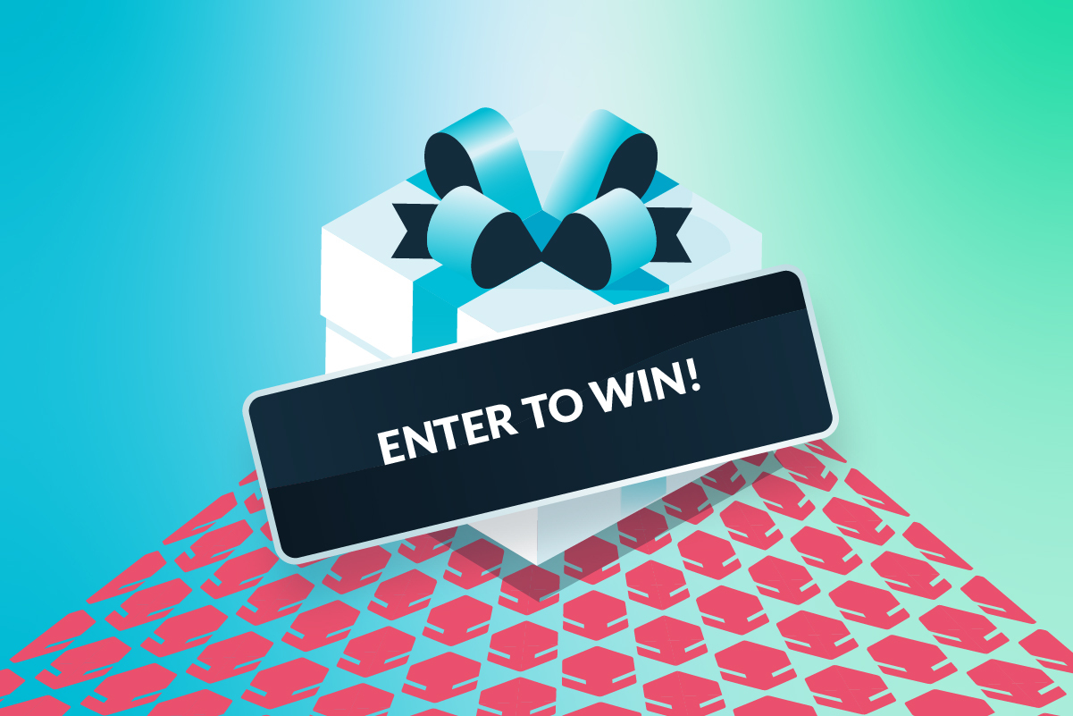 An illustration of a gift box with a bow and an ENTER TO WIN sign on it and icons representing bots are attacking the box and how Cequence stopped a sweepstakes attack