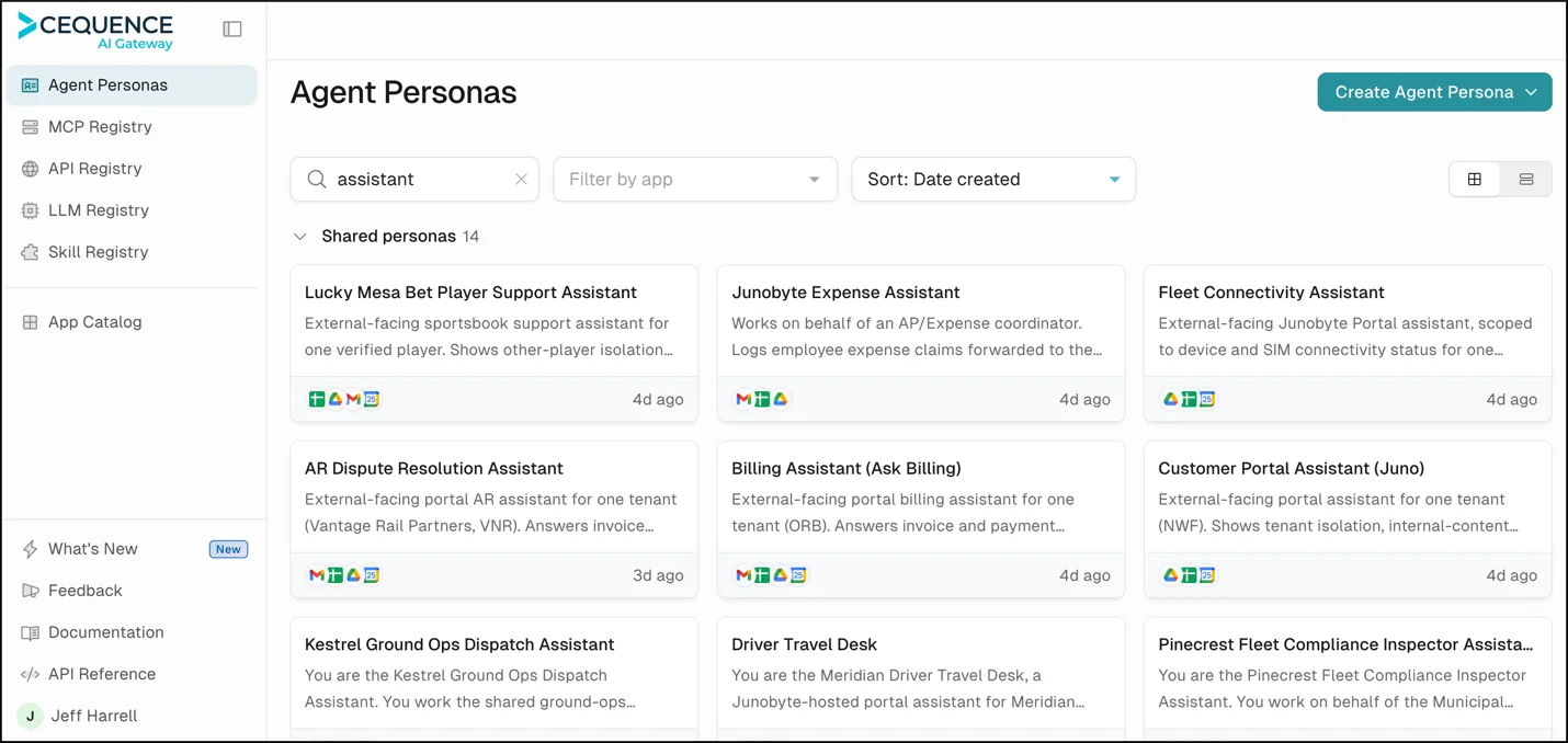 Cequence AI Gateway Agent Personas screen listing shared agent personas such as support, expense, and fleet connectivity assistants