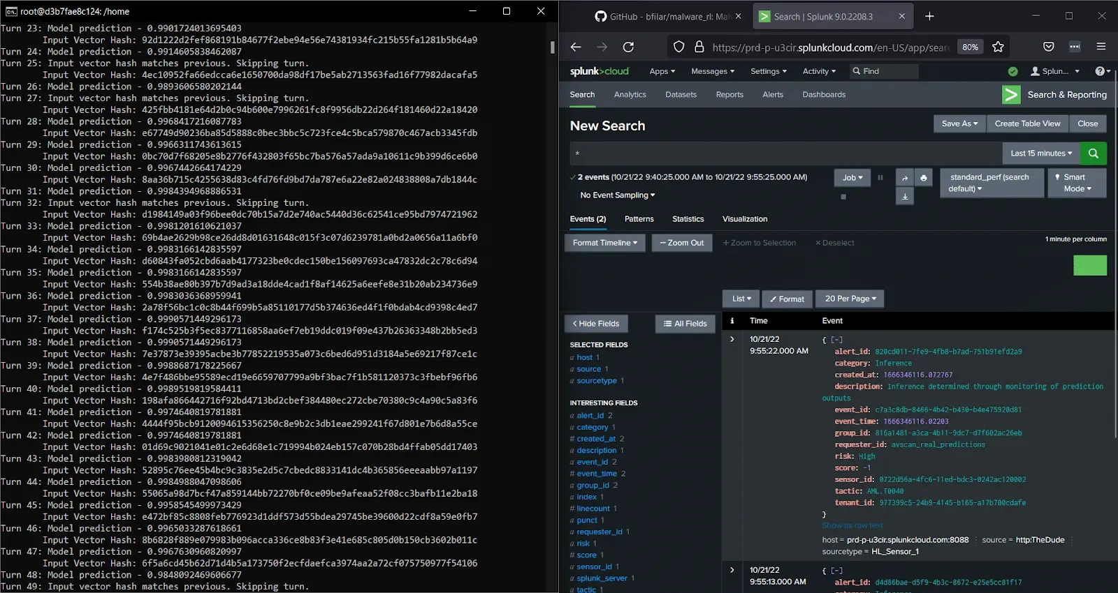 HiddenLayer AI runtime security detections streamed into a SIEM search view alongside model prediction logs
