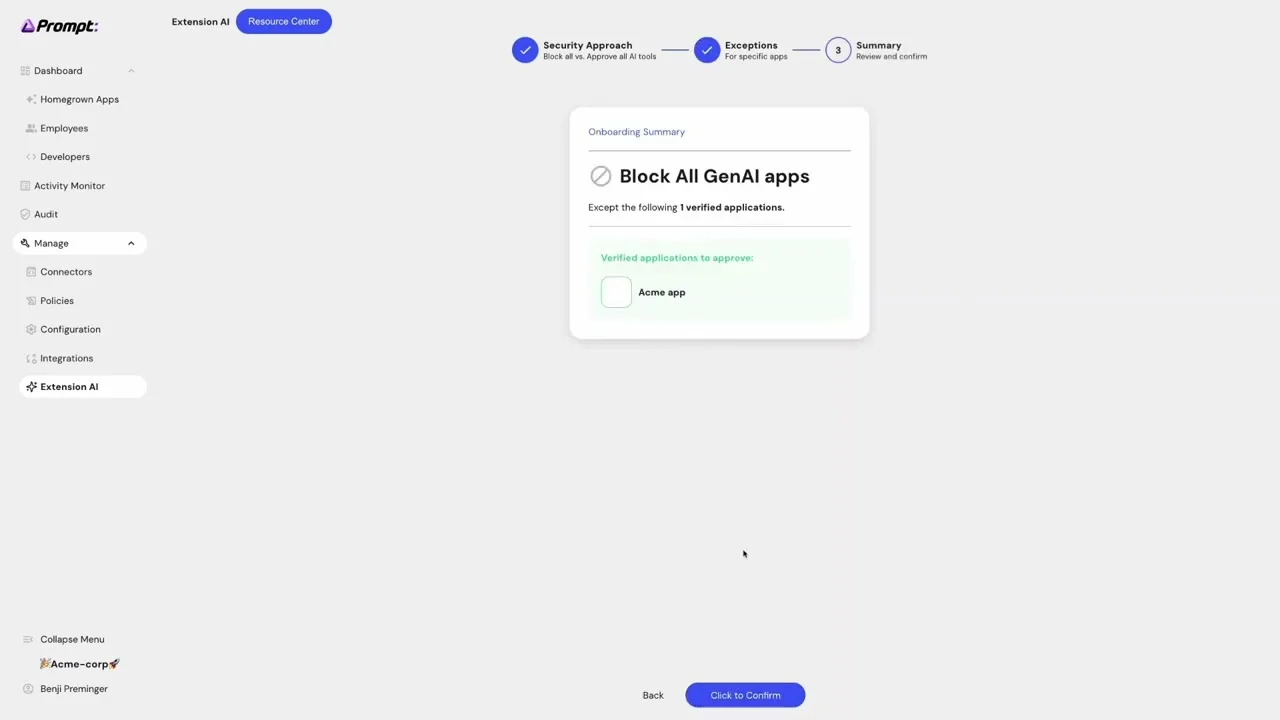 Prompt Security console onboarding screen with a Block All GenAI apps policy option