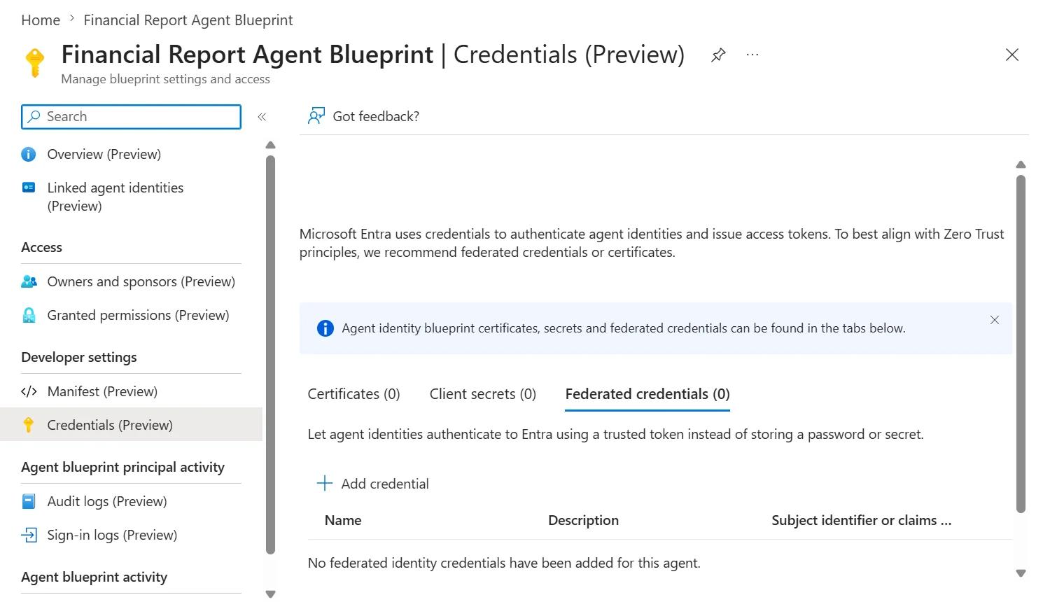 Microsoft Entra agent identity blueprint credentials page with federated credentials settings
