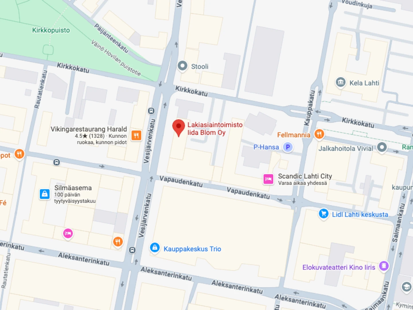 Kartta Lakiasiaintoimisto Iida Blom Oy:n toimiston sijainnista Lahdessa