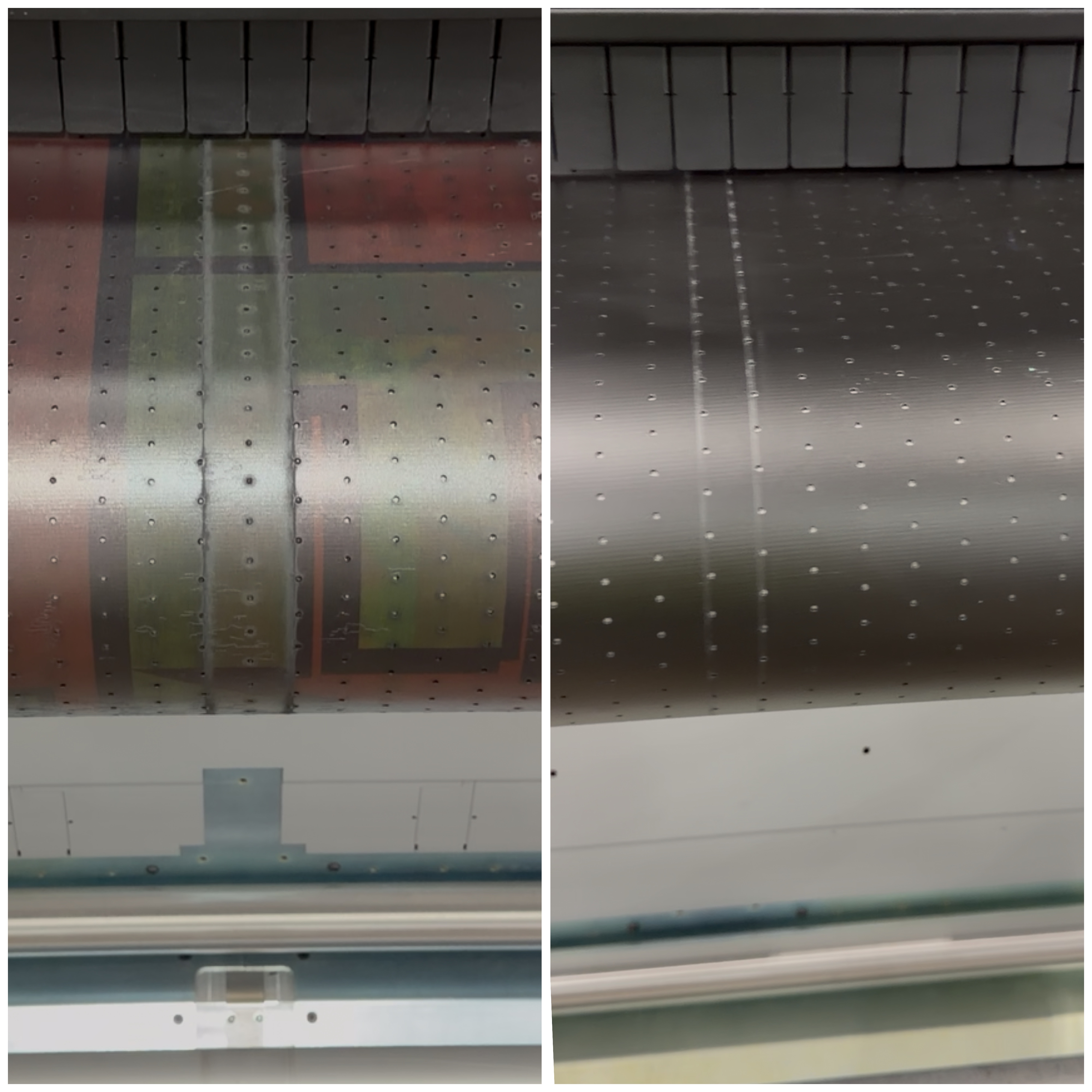 Wide format press vacuum belt before dry ice blasting, with perforations clogged by compacted ink and paper dust