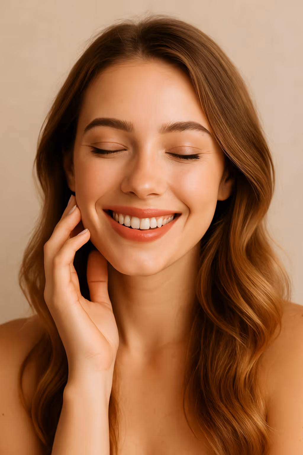 Smiling woman with natural, glowing skin in a soft wellness setting, representing confidence and subtle beauty results ideal for a lip filler article in Tampa, FL