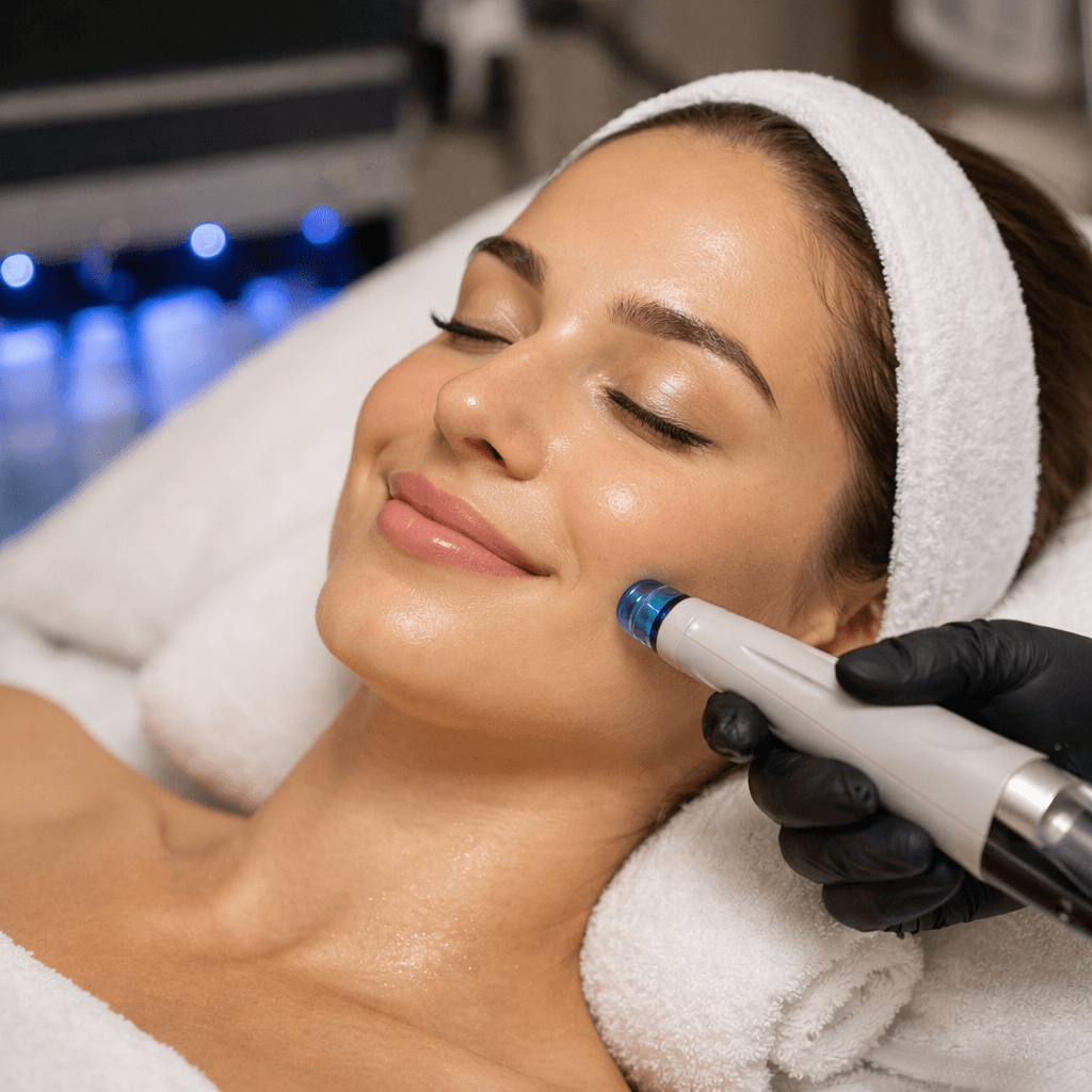 Hydrafacial treatment device cleansing and hydrating a client's skin at Slae Aesthetics in Tampa.