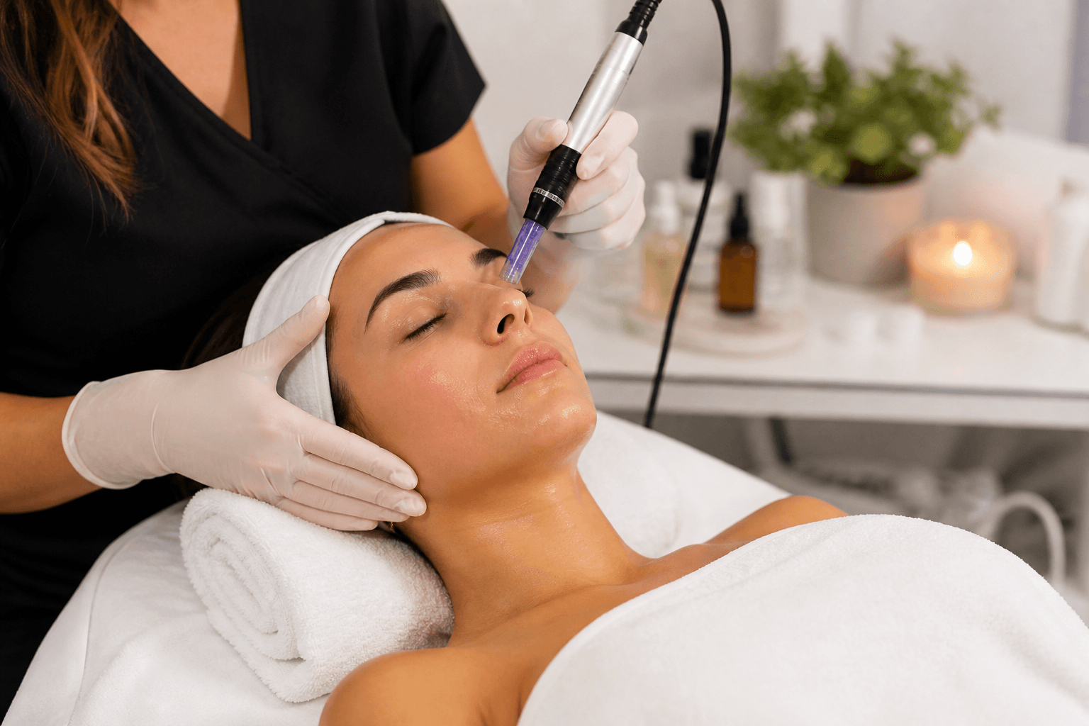 client receiving microneedling treatment with proper before and after care in Tampa Florida skincare clinic